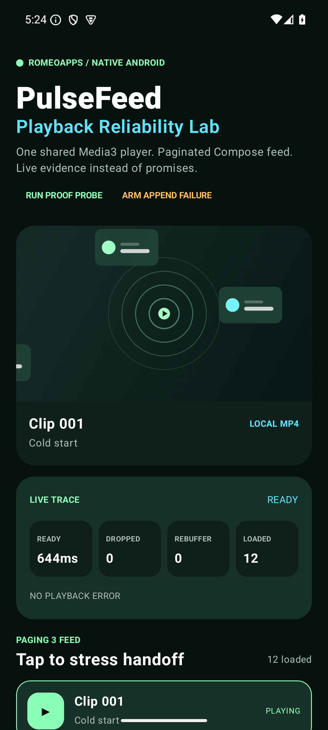 PulseFeed Android app showing native playback and paging instrumentation