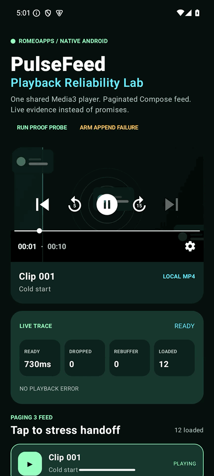 Animated PulseFeed native Android reliability demo