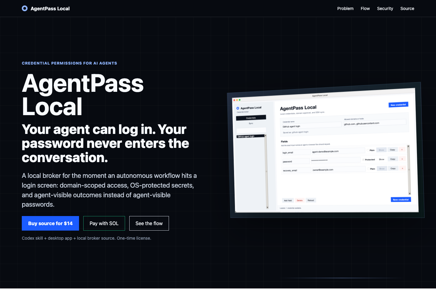 AgentPass Local launch page and credential-permissions desktop interface