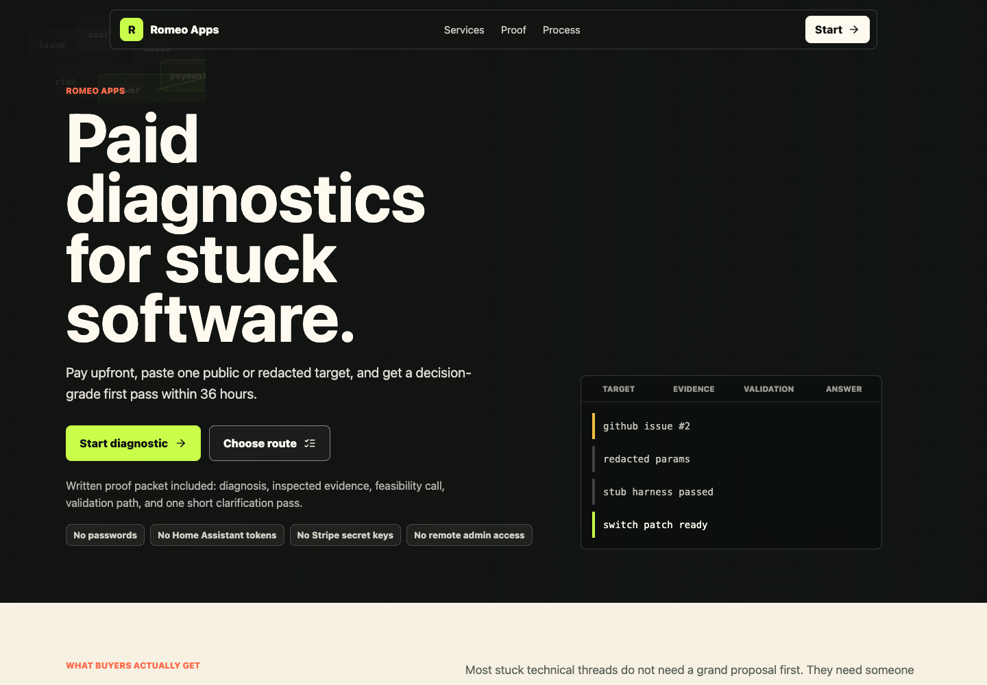 Romeo Apps website showing the compact R mark and paid diagnostics identity
