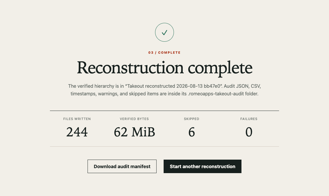 Takeout Export Reconstructor showing a completed reconstruction with verified files, bytes, skipped items, and the audit manifest