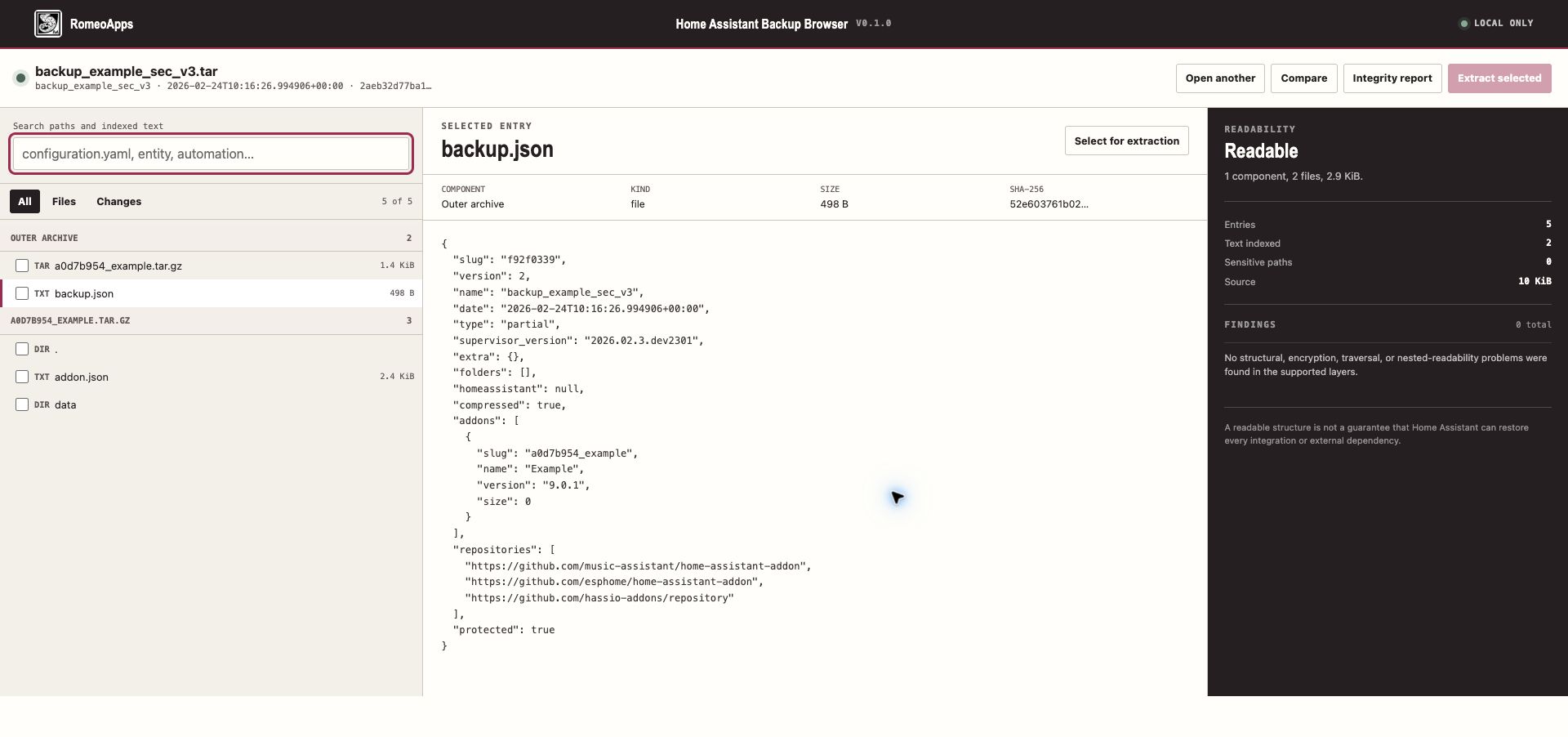 Home Assistant Backup Browser showing an opened encrypted backup and its local archive tree