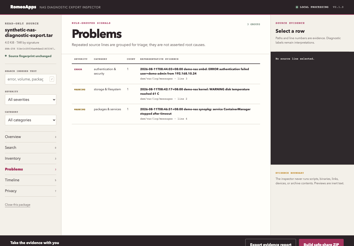 NAS Diagnostic Export Inspector demo showing evidence-linked problems and privacy inventory