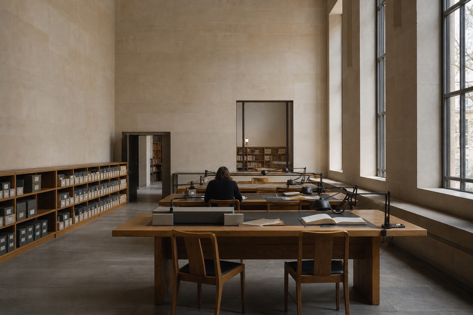 A fictional public archive reading room with oak tables and tall windows